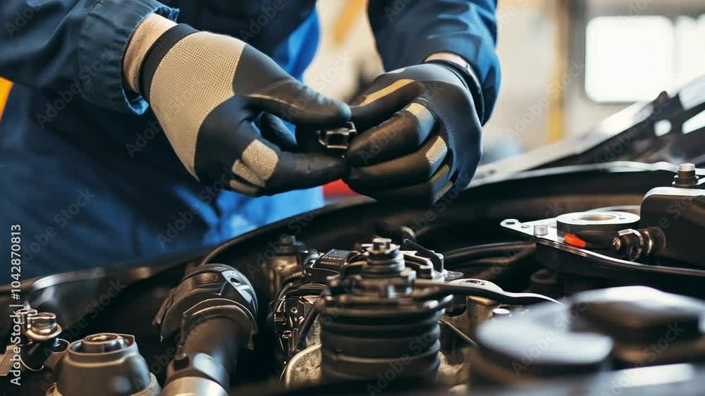Technician performing a detailed inspection of a car engine. Technician performing a detailed inspection of a car engine.