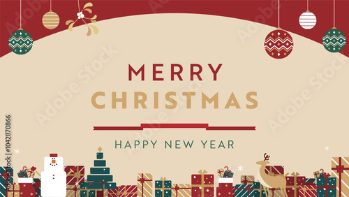 雪だるま、オーナメント、プレゼントボックスで飾られたクリスマスの背景テンプレート（赤）　Christmas background template decorated with snowmen, ornaments, gift boxes (red)