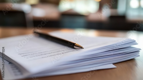 Purple pen on paper stack, inspiration for writing, creativity, and workspace design