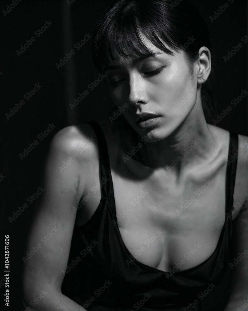 Moody Black and White Portrait of a Thoughtful Woman in Soft Light and Deep Shadows Moody Black and White Portrait of a Thoughtful Woman in Soft Light and Deep Shadows