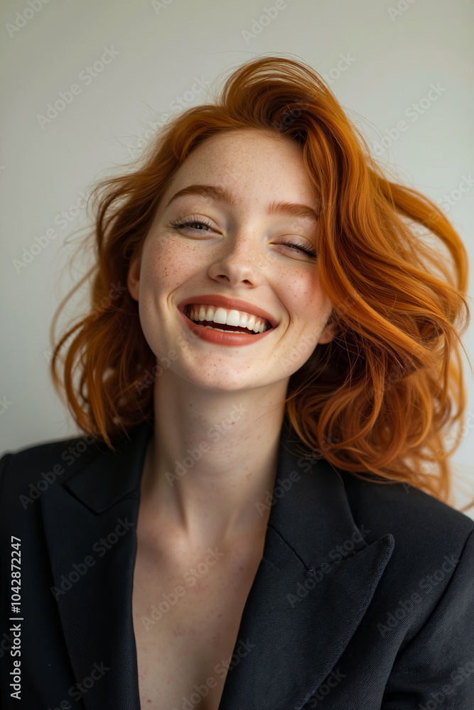 A woman with red hair and freckles is smiling and laughing, wearing a black blazer A woman with red hair and freckles is smiling and laughing, wearing a black blazer