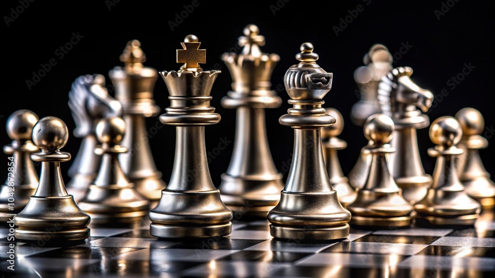 Long shot chess pieces on black chessboard background Long shot chess pieces on black chessboard background