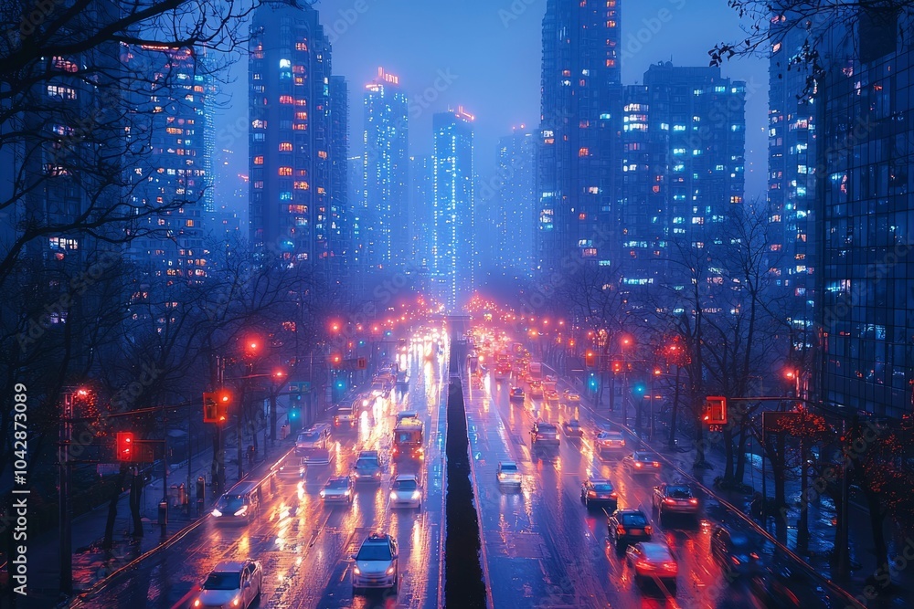 Fototapeta premium A City Street at Night, Illuminated by Streetlights and Car Headlights in the Rain