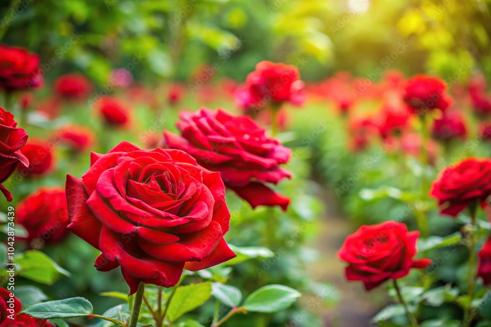Colorful red roses blooming in a field with fresh green leaves Colorful red roses blooming in a field with fresh green leaves