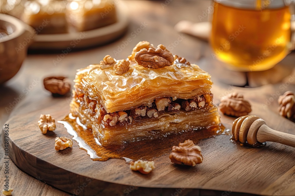 Close-up of a Piece of Baklava with Walnuts and Honey Drizzle on a Wooden Board Close-up of a Piece of Baklava with Walnuts and Honey Drizzle on a Wooden Board