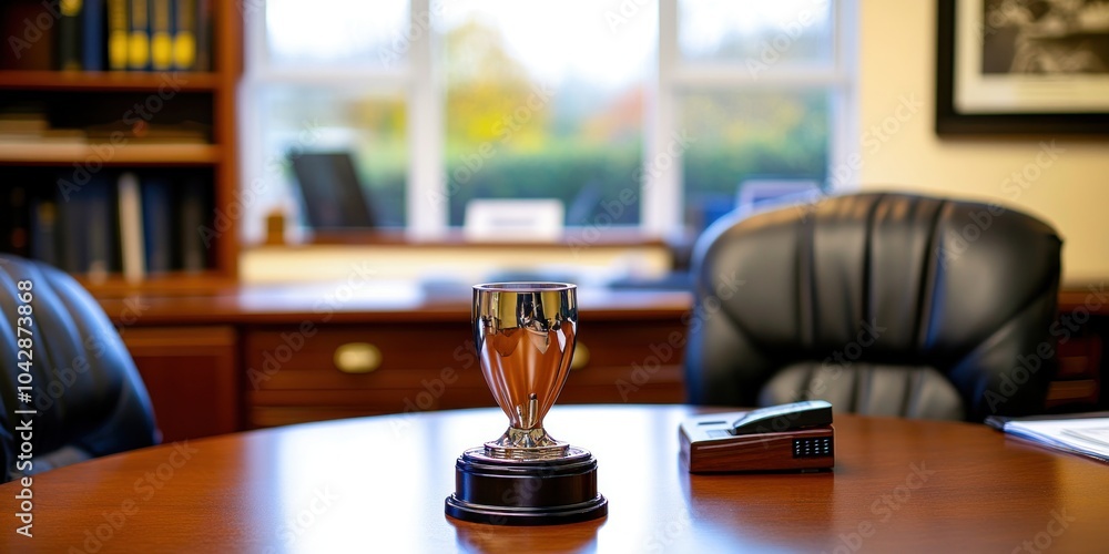 A trophy sits on a polished wooden table in an office, surrounded by leather chairs and shelves. A trophy sits on a polished wooden table in an office, surrounded by leather chairs and shelves.