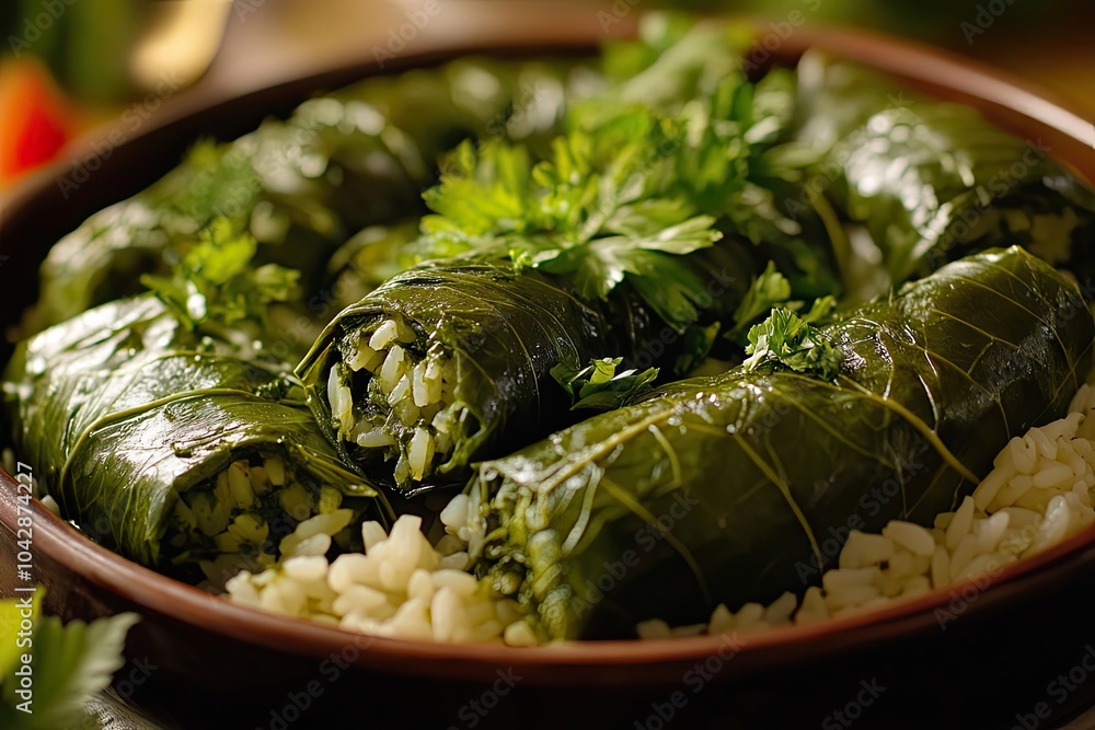 Close-up of Grape Leaves Stuffed with Rice and Herbs Close-up of Grape Leaves Stuffed with Rice and Herbs