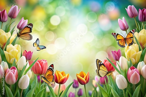 Colorful spring tulips and butterflies on Easter themed background