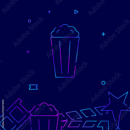 Popcorn portion gradient line vector icon, simple illustration on a dark blue background, cinema related bottom border.