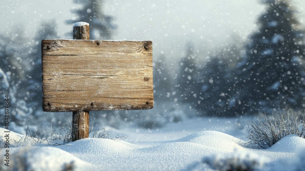 Fototapeta premium Snowy winter wonderland, rustic wooden sign nestled among snowcovered trees in a serene forest