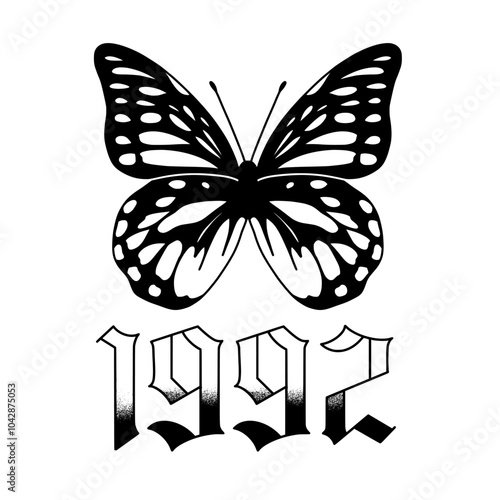 Butterfly tattoo with number design. Black colour butterflies on white background. photo