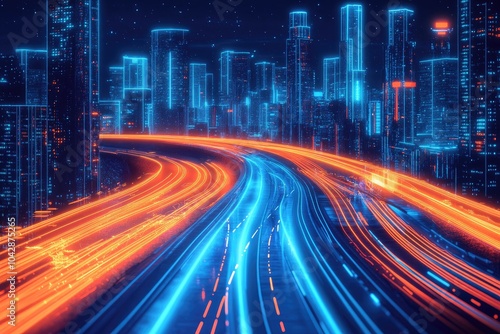 Futuristic city with glowing roads. Ideal for projects related to technology, innovation, and the future.