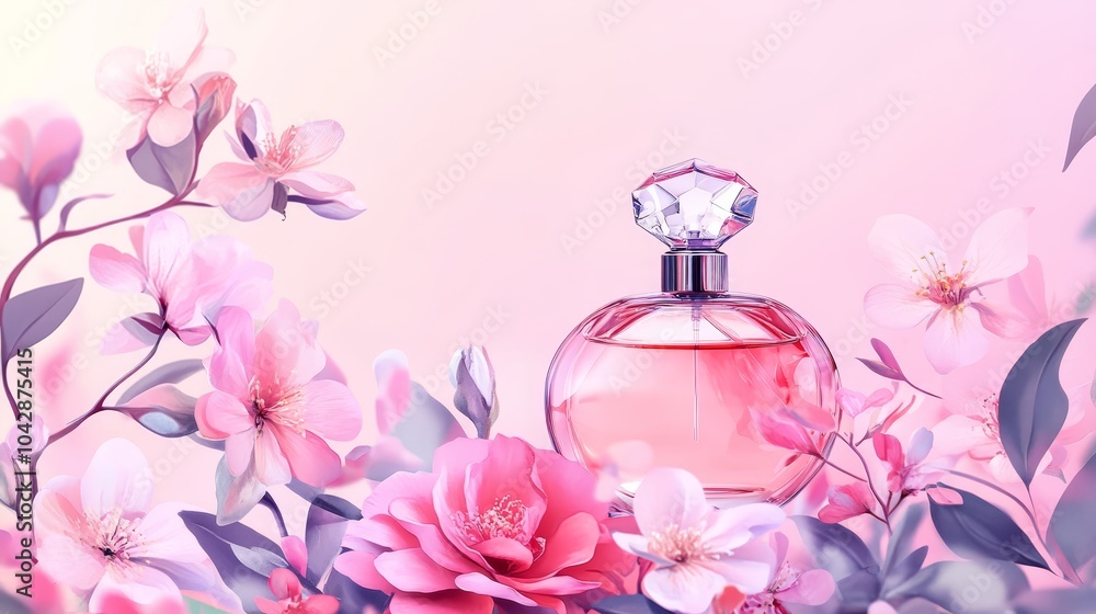 Luxury perfume bottle with delicate pink flowers on a pink background, photographic celebration of fragrance and femininity Luxury perfume bottle with delicate pink flowers on a pink background, photographic celebration of fragrance and femininity