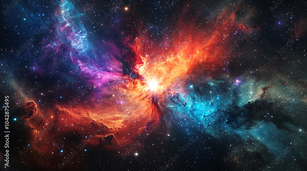 vibrant cosmic explosion in outer space, showcasing stunning array of colors including fiery reds, deep blues, and purples. This celestial scene captures beauty and mystery of universe vibrant cosmic explosion in outer space, showcasing stunning array of colors including fiery reds, deep blues, and purples. This celestial scene captures beauty and mystery of universe