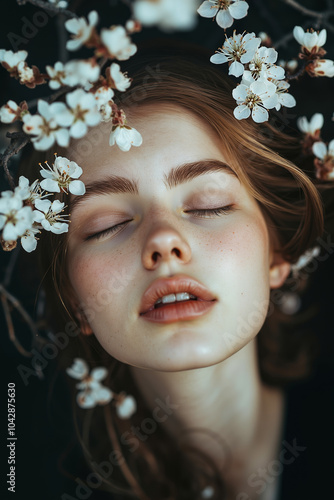 A woman with her eyes closed, surrounded by white flowers, with her lips slightly parted photo