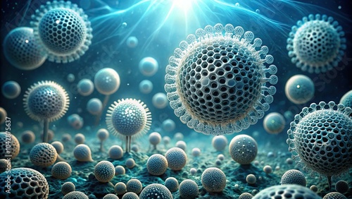 Floating radiolarians with intricate silica skeletons in dark ocean highlighted by ethereal light Close-Up photo