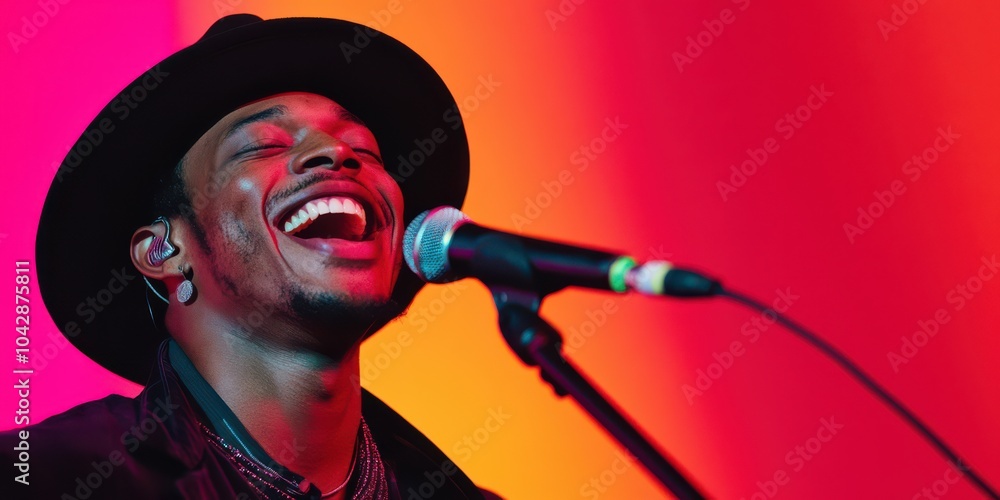 Happy man singing passionately with microphone, wearing stylish hat, illuminated by vibrant colors, expressing joy and enthusiasm in lively performance Happy man singing passionately with microphone, wearing stylish hat, illuminated by vibrant colors, expressing joy and enthusiasm in lively performance