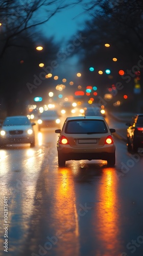 Blurred Traffic Lights and Vehicles on Wet City Street at Night