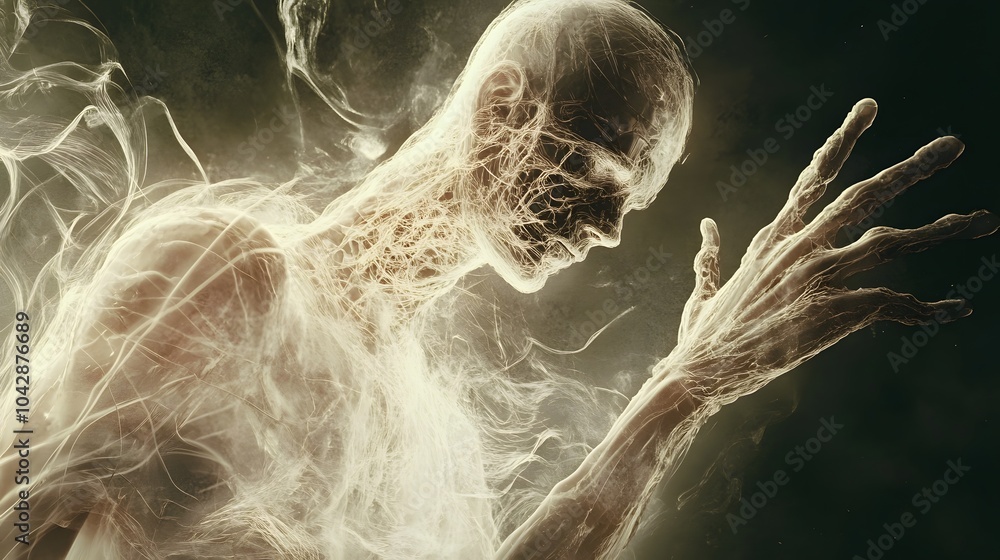 Mystical energy flows through the being's translucent body revealing intricate biomechanical details Mystical energy flows through the being's translucent body revealing intricate biomechanical details