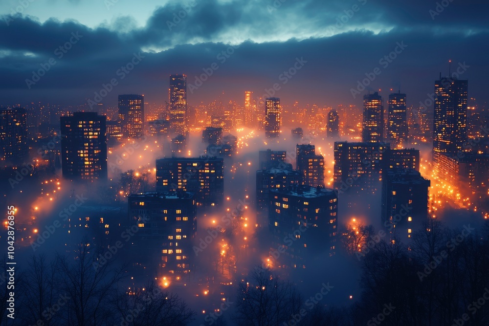 Fototapeta premium Foggy Night Cityscape with Illuminated Windows