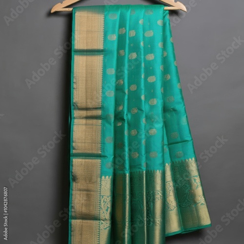Teal Silk Saree with Golden Border and Motifs