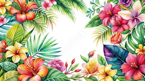 Fototapeta Naklejka Na Ścianę i Meble -  Colorful watercolor tropical flowers with high angle view on white background