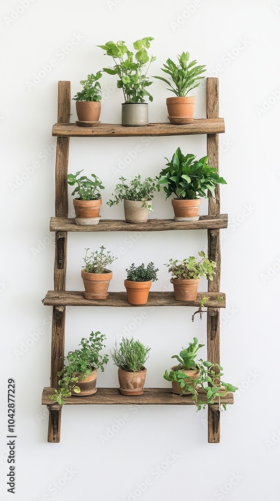 A vertical wooden plant shelf with various potted plants on a white background. A vertical wooden plant shelf with various potted plants on a white background.