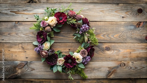 Flower wreath on wooden table surface background backdrop in light gray, maroon, dark brown, and purple colors