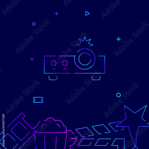Video projector gradient line vector icon, simple illustration on a dark blue background, cinema related bottom border.