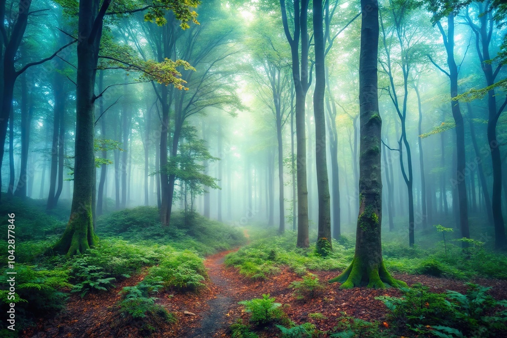 Obraz premium Foggy forest with fairytale look