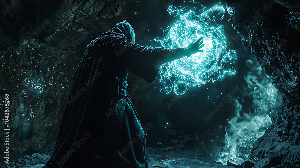 Obraz premium wizard casting spell in dark cave, surrounded by glowing magical energy. atmosphere is mystical and enchanting, evoking sense of wonder and adventure