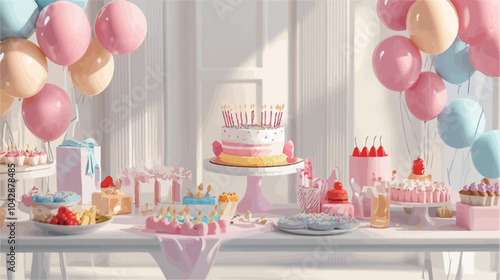 3d render of birthday cake with pink balloons and cake with candles.eps