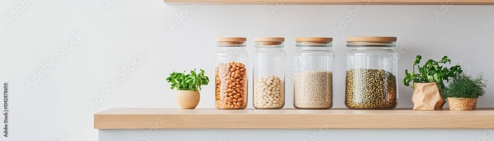 Colorful jars filled with grains and spices, accented by small plants on a wooden shelf against a white background. Colorful jars filled with grains and spices, accented by small plants on a wooden shelf against a white background.