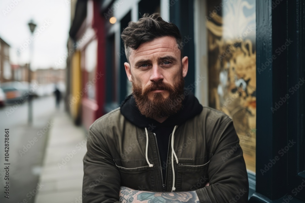 Portrait of a handsome bearded man with tattooed arms in the city. Portrait of a handsome bearded man with tattooed arms in the city.