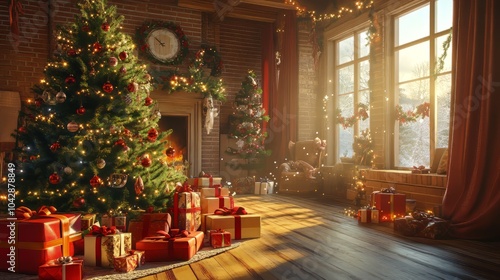 Photorealistic Christmas morning scene with gifts being unwrapped under the tree and a joyful atmosphere