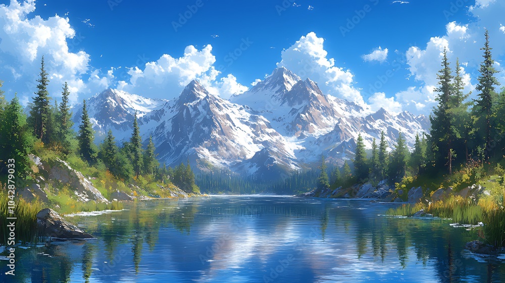 A serene mountain lake with snow-capped peaks reflecting on the clear blue water. The lush green forest surrounding the lake adds to the tranquility of the scene. A serene mountain lake with snow-capped peaks reflecting on the clear blue water. The lush green forest surrounding the lake adds to the tranquility of the scene.