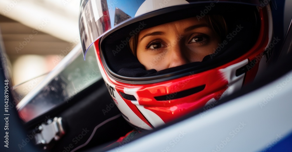 Female driver in race car at start line. Female driver in race car at start line.