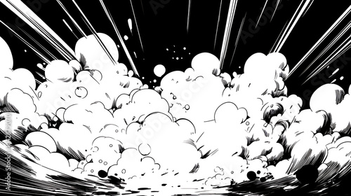 dynamic explosion of white clouds illustrated in manga style, showcasing dramatic lines and energetic movement. contrast between black background and white clouds creates striking visual impact