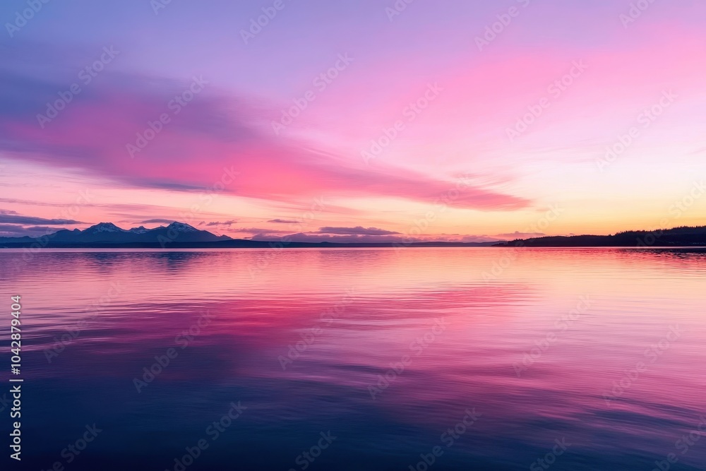 Fototapeta premium Calm sunset over a serene lake with soft pink and orange hues reflecting on the water's surface.