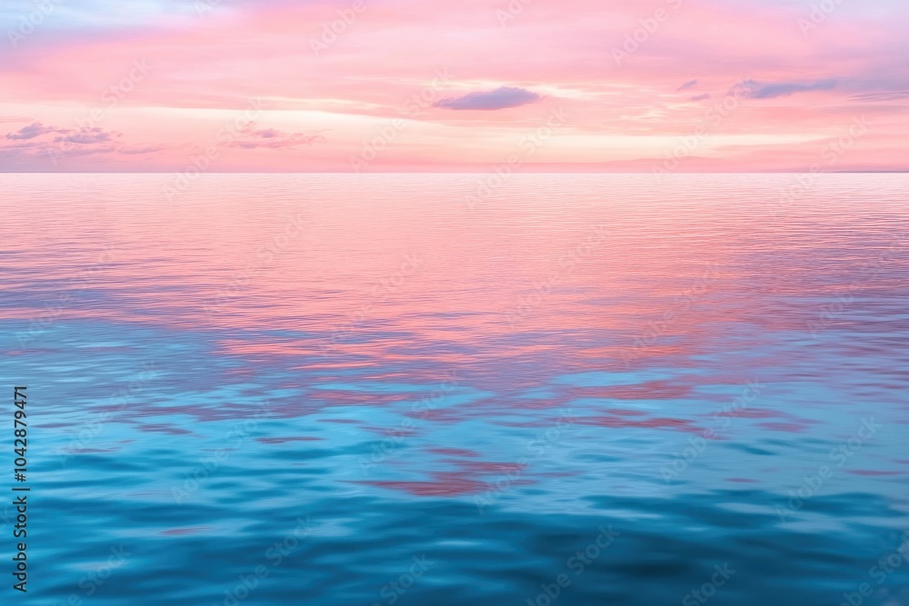Fototapeta premium Calm sunset over a serene lake with soft pink and orange hues reflecting on the water's surface.
