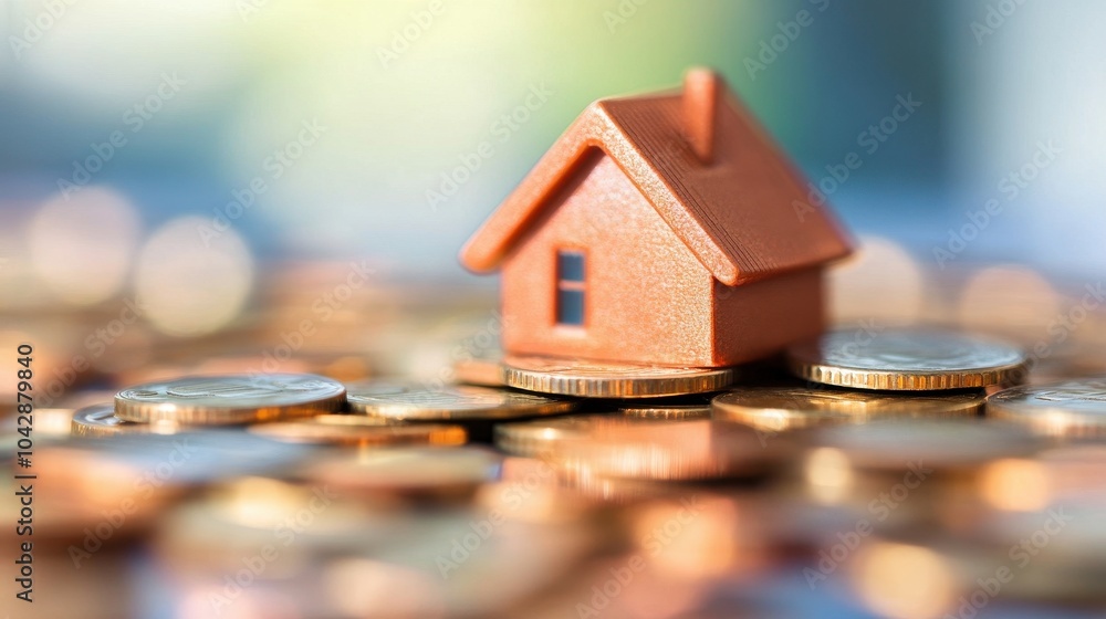 Miniature house model on a pile of coins, representing property investment and financial growth. Miniature house model on a pile of coins, representing property investment and financial growth.