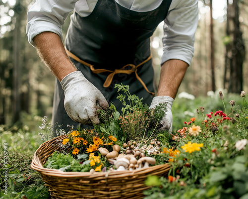 Chef Collecting Fresh Herbs and Edible Flowers in the Woods photo