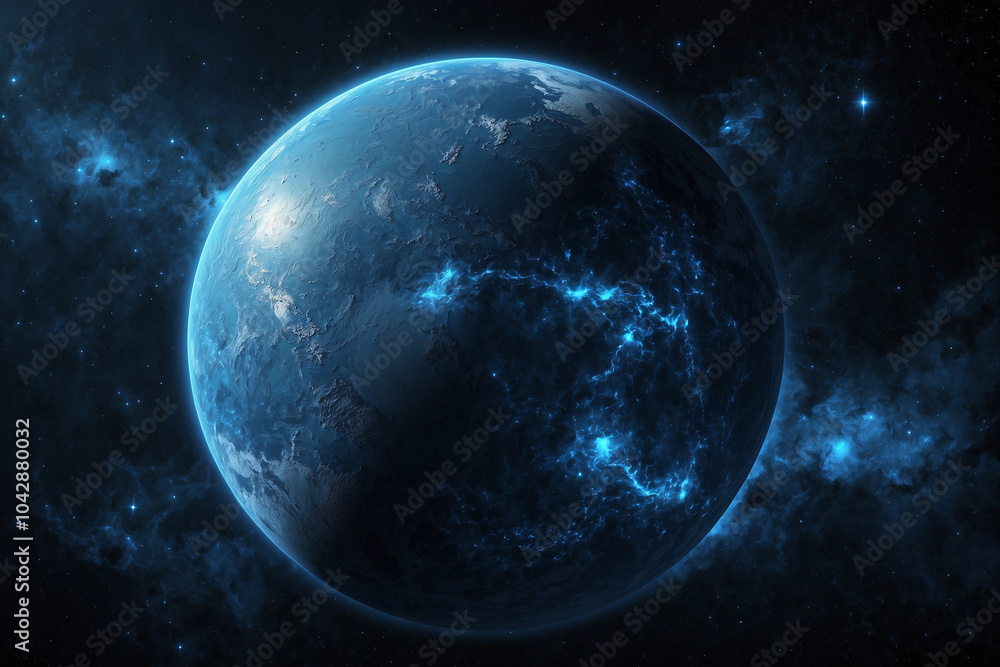 Obraz premium Glowing blue fictional planet in outer space