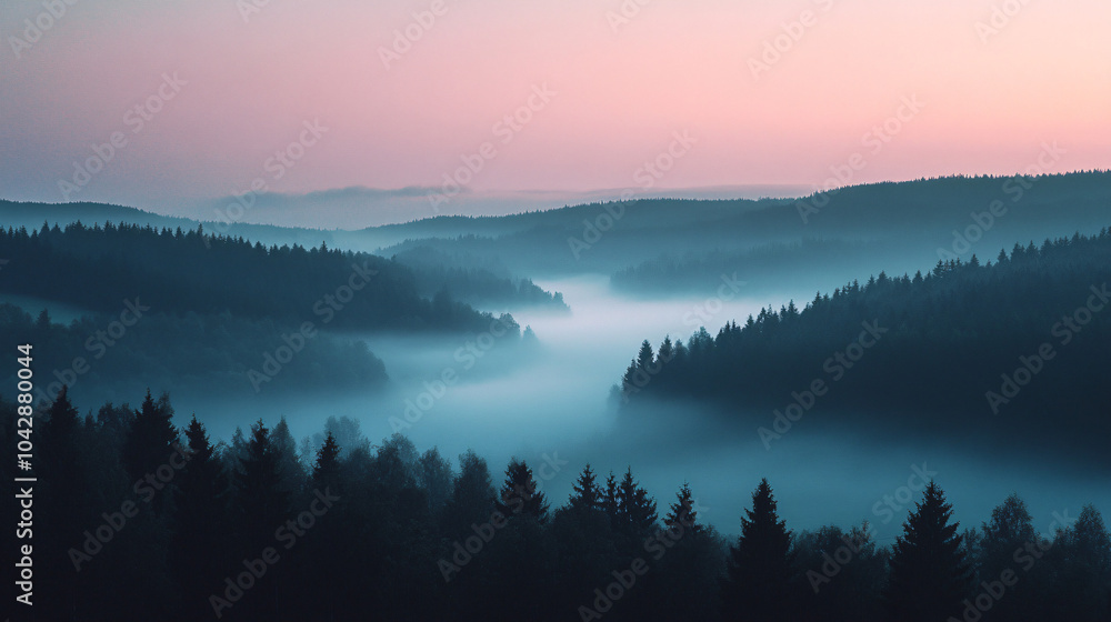 Fototapeta premium A beautiful fog-enshrouded landscape at dusk, where the last light of day meets the mist.