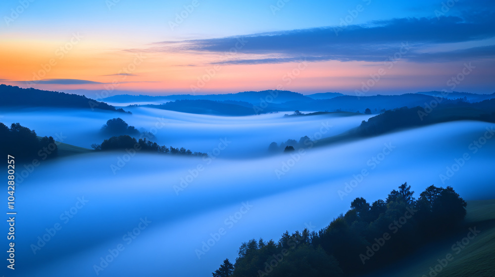Fototapeta premium A beautiful fog-enshrouded landscape at dusk, where the last light of day meets the mist.