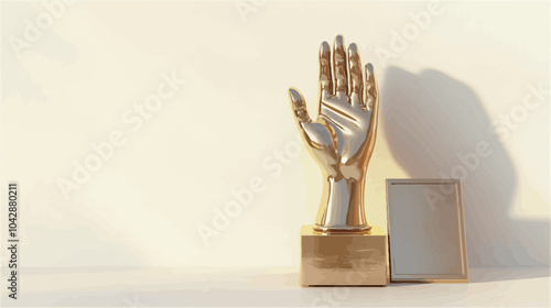 3D rendering of a golden award with a human hand on a white background.eps