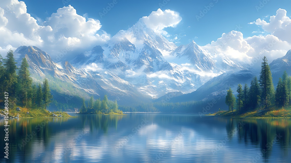A serene mountain lake with snow-capped peaks reflected in the water, surrounded by lush green trees under a clear blue sky with fluffy clouds. A serene mountain lake with snow-capped peaks reflected in the water, surrounded by lush green trees under a clear blue sky with fluffy clouds.
