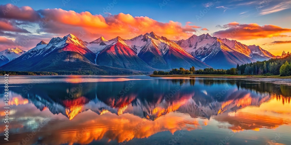 Long shot of colorful alpenglow and reflection in Haines, Alaska