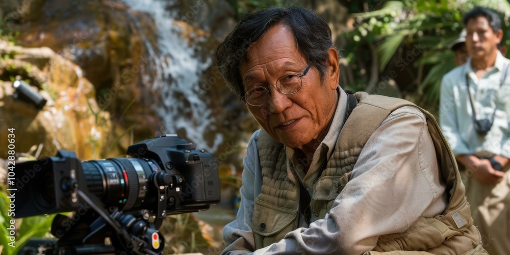 Fototapeta premium A photographer with a professional camera looks at the lens. AI.