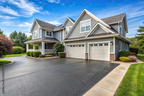 Forced perspective gray suburban house with white asphalt driveway